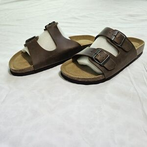 Cushionaire Womens 10M Cork Footbed Sandals Lane Brown Oily Double Buckle